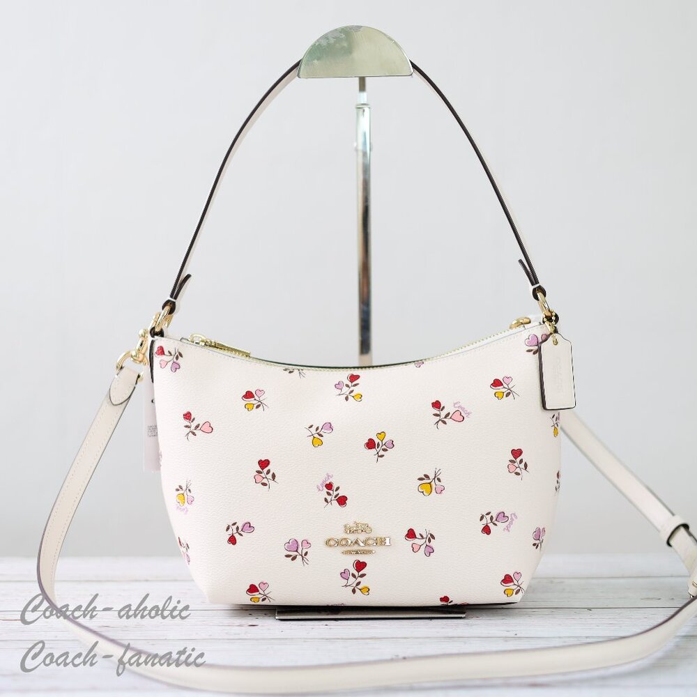 NWT Coach CW392 Zip Top Shoulder Bag With Heart Print Gold/Chalk Multi